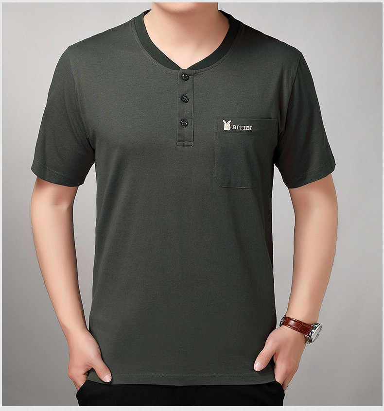 Túi trung niên nam cổ chữ V ngắn tay áo thun cotton mỏng Phần trung niên bố tải quần áo nam XL lỏng lẻo - Áo phông ngắn Áo thun nam
