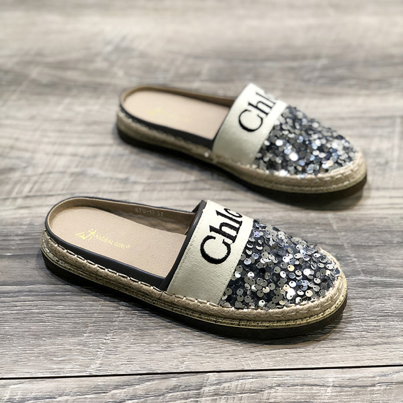 Trendy Brand Letter Embroidery Closed-Toe Mules for Women, New Spring/Summer Versatile Straw Sequin Espadrilles, Breathable Flat Shoes