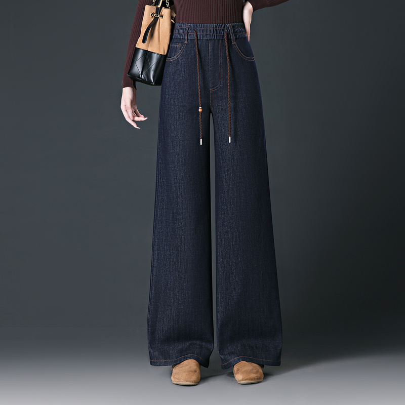 Elastic Waist Denim Wide-Leg Pants for Women, 2026 Autumn and Winter New Style, Plus Size, High-Waisted, Slimming, Loose, Fleece-Lined Straight Pants Elastic Waist Denim Wide-Leg Pants for Women, 2026 Autumn and Winter New Style, Plus Size, High-Waisted, Slimming, Loose, Fleece-Lined Straight Pants