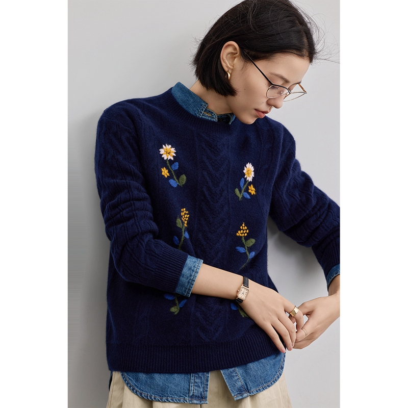 Intellectual Commuting Conseni 100% Cashmere Sweater for Women, Round Neck, Hand-Crocheted, Dark Blue, Loose Knit Sweater