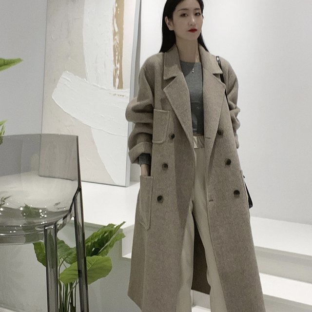 Xu Dake's Korean version of loose mid-length suit collar double-sided woolen autumn and winter new double-breasted coat long coat women