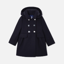 French single high-end navy blue collared hooded autumn and winter woolen British style girls long-sleeved foreign-style coat jacket