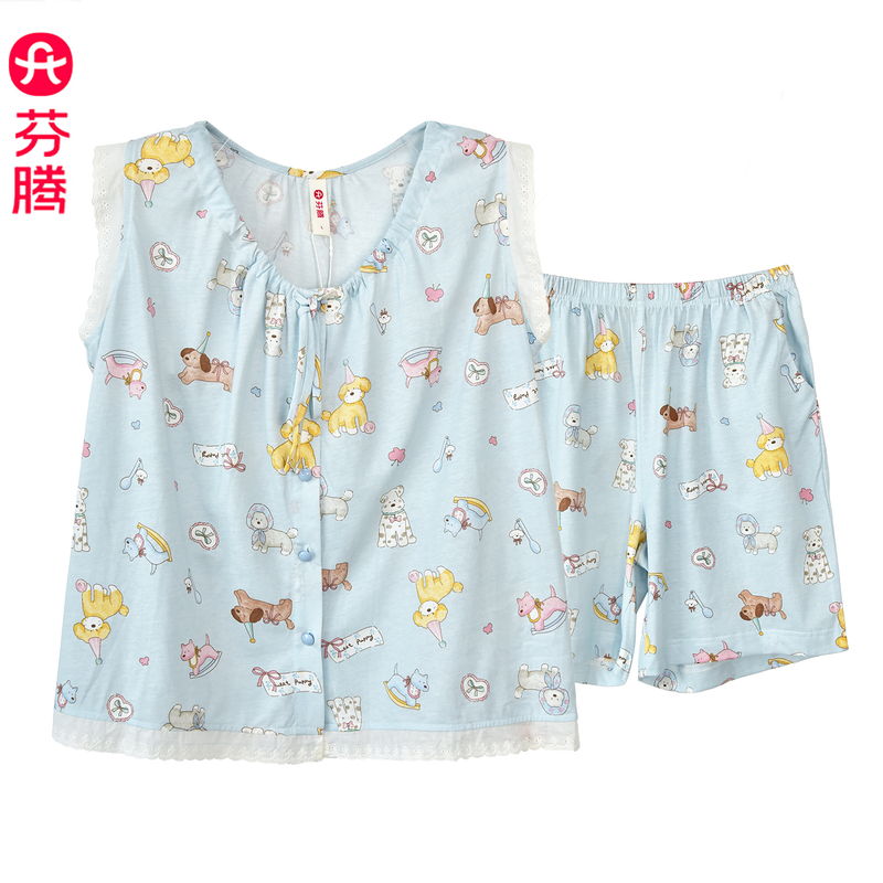 Fenteng Women's Summer Thin Sleeveless Vest Shorts Pure Cotton Cartoon Set Cool Loose Breathable Loungewear