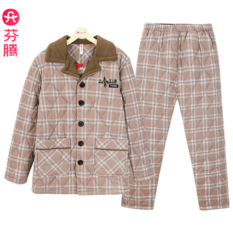 Fenteng Men's Thin Quilted Cotton Pajamas for Middle-Aged Men, Autumn and Winter Thermal Insulation, Anti-Static, Stylish Plaid Cardigan Loungewear Fenteng Men's Thin Quilted Cotton Pajamas for Middle-Aged Men, Autumn and Winter Thermal Insulation, Anti-Static, Stylish Plaid Cardigan Loungewear