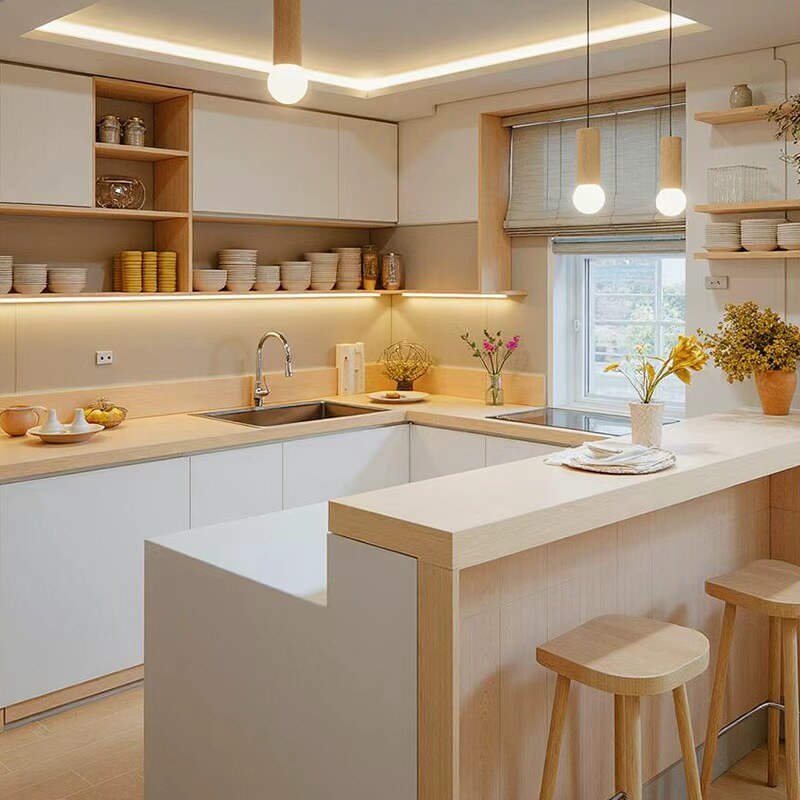 台湾全屋定制奶油原木风橱柜厨房整体岛台餐桌一体实木吧台餐边柜