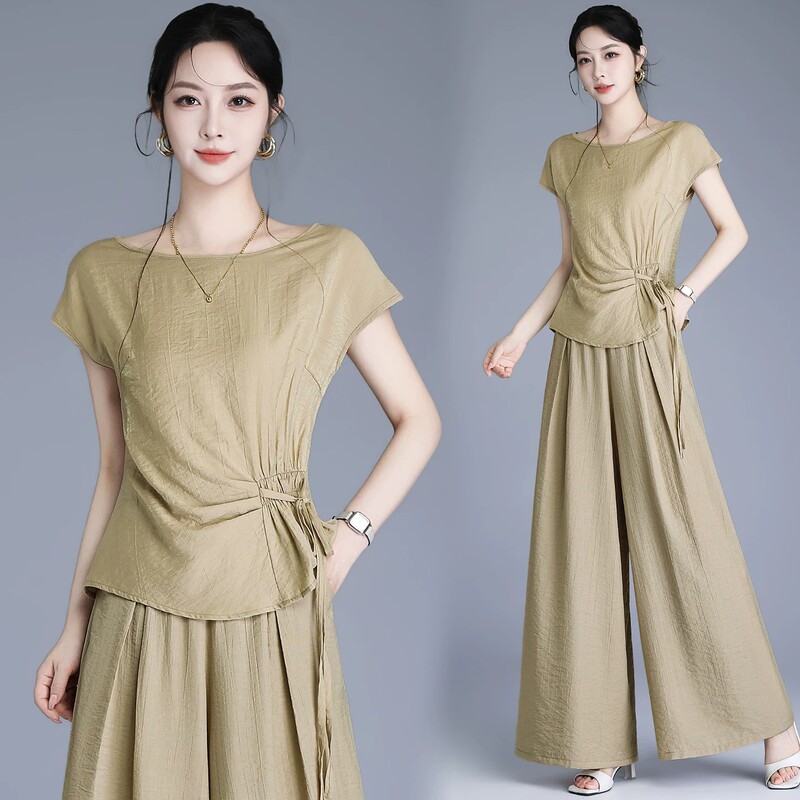 Celison Kloe Simple Waist-Cinching Round-Neck Short-Sleeve Suit for Women, Summer Thin Style, Elegant High-Waisted Wide-Leg Pants Two-Piece Set