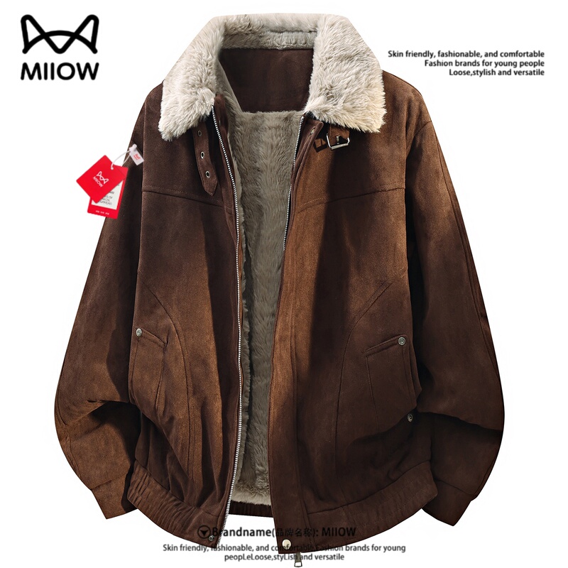 Wearable 142.5kg / Catman American Retro Lapel High Street Fleece-Lined Thickened Jacket Solid Color Spliced Suede Coat