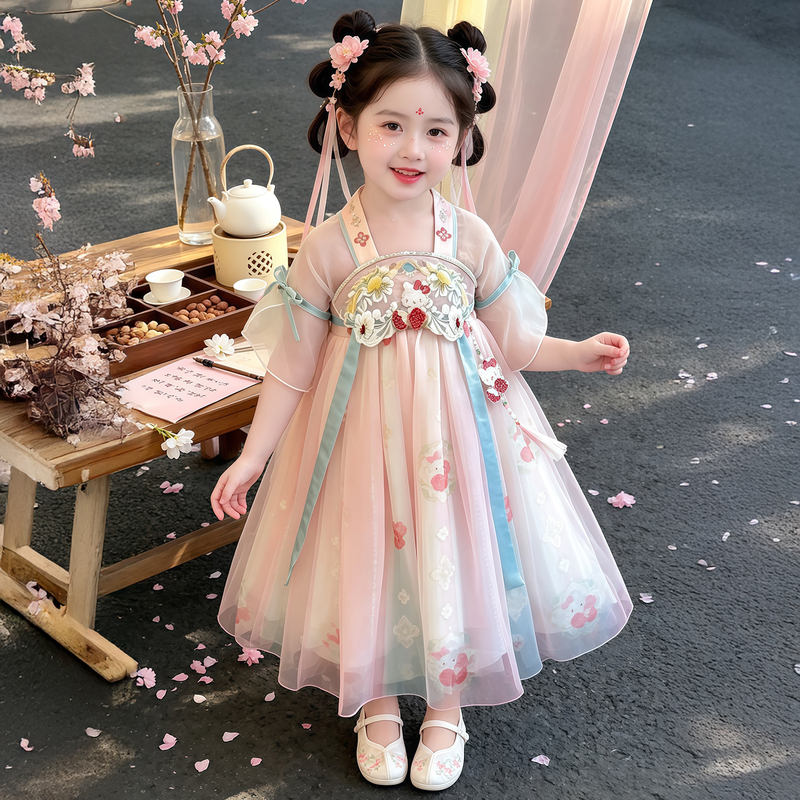 Girls' Hanfu Princess Dress 2026 New Children's Tang Suit Super Fairy Chinese Style Ruched Skirt Summer Ancient Style Dress