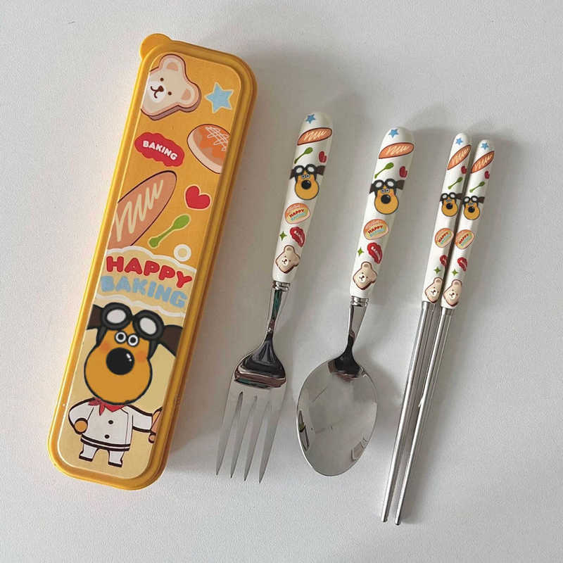 Cute Cartoon Bread Dog Tableware, High-Quality Stainless Steel Spoon, Fork, and Chopsticks, Portable Household Set Cute Cartoon Bread Dog Tableware, High-Quality Stainless Steel Spoon, Fork, and Chopsticks, Portable Household Set