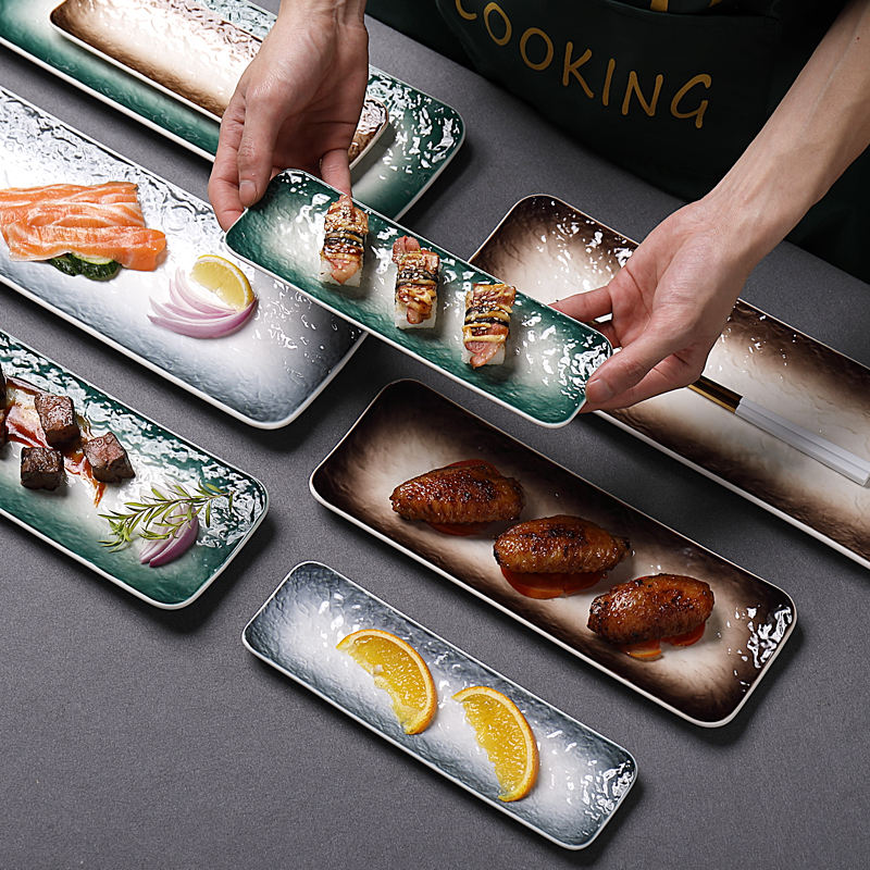 Japanese creative rectangular sushi plate Household long plate Ceramic plate Saury strip plate Hotel dining room