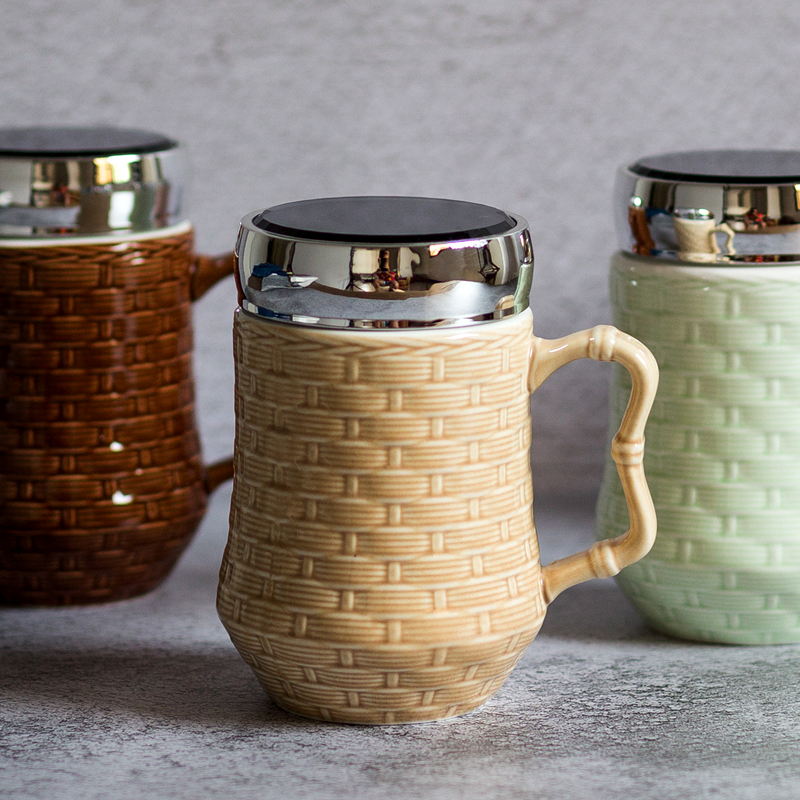Relief Bamboo Pattern Retro Ceramic Mark Cup Nordic Style Couple Water Cup Breakfast Coffee Cup Accompanying Cup With Lid