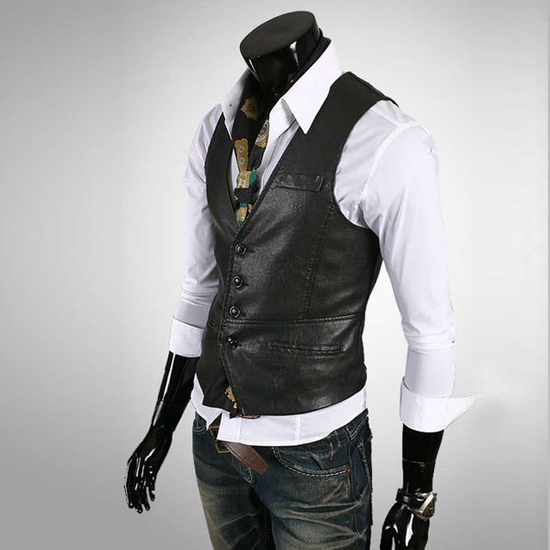 Spring and Autumn V-Neck Business Slim-Fit Host Personality Biker Leather Vest Youth Wedding Groom Groomsman Vest Waistcoat