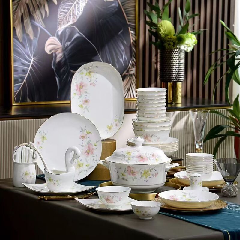 Ceramic Tableware Bowls, Chopsticks, Plates, Light Luxury and Fresh Bone China Tableware Set, High-End Bowls and Plates for Home Use, Housewarming Gifts