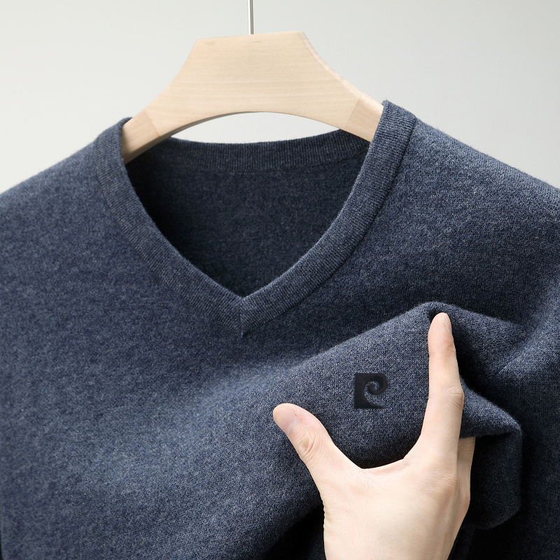 New Autumn and Winter Men's Long-Sleeved Thin Wool Sweater Middle-Aged V-Neck Solid Color Casual Knitted Base Shirt Sweater