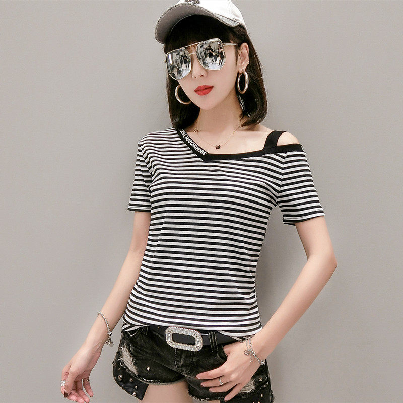 European and American tide cards 2022 summer dress new black and white striped irregular short sleeves T-shirt woman with pure cotton dew shoulder blouse