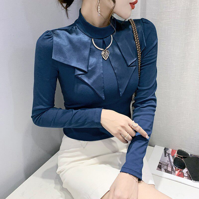 Tide brand 2022 autumn and winter new Korean version fashion stand-up collar long-sleeved T-shirt women's retro fashion self-cultivation bottoming clothes