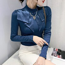 Tide cards 2022 autumn and winter new Korean version Fashion stand-up collar Long sleeves T-shirt Female vintage Fashion swarm up to the bottom