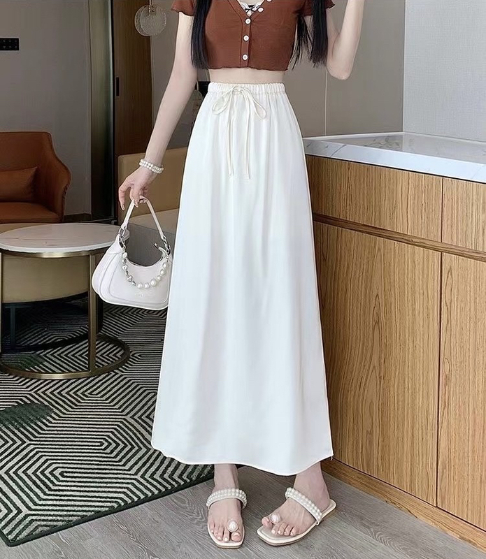 Mamian Skirt Ice Silk Acetate Satin Mid-Length Skirt 2024 New Summer High Waist Small Draping Long Skirt