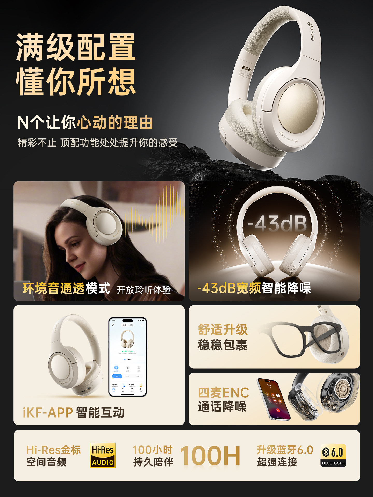 Ikf King2.0 Active Noise-Cancelling Headphones Bluetooth Wireless Headphones Wired Gaming New Model for Women