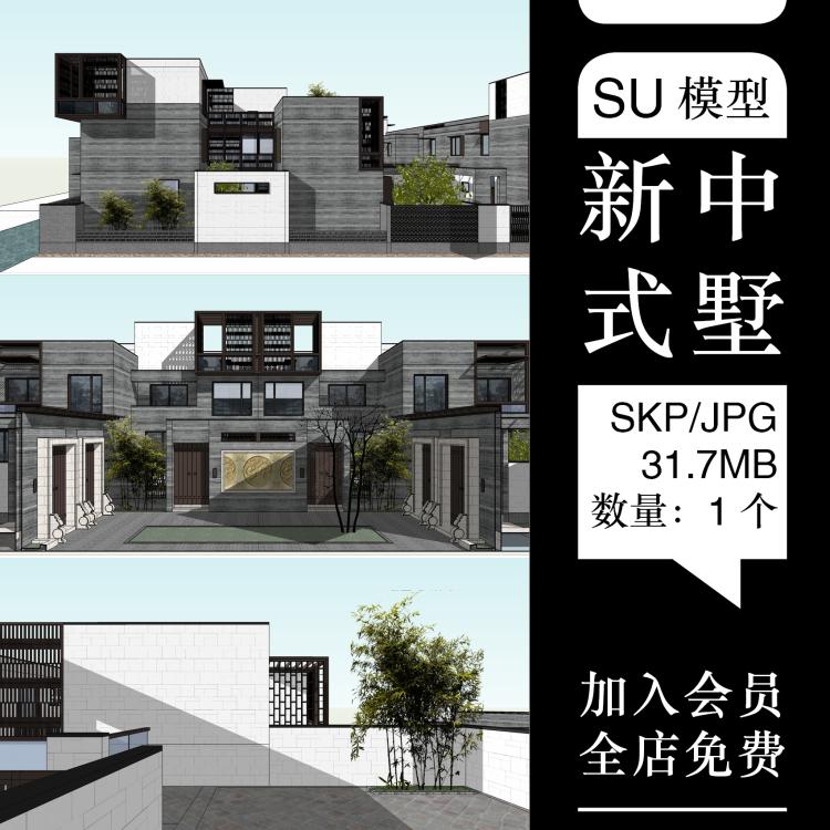 现代新中式独栋别墅四合院民居民宿建筑方案设计SU模型效...-1