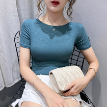 2020 Summer new cotton short sleeve T-shirt female ins Super fire European solid color slim shiny top tide