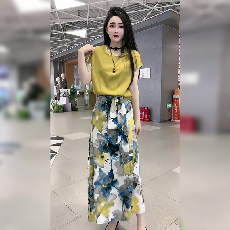 High-End Elegant Dress Suit for Women Summer New European Fashion Royal Sister Waist Printed and Dyed Skirt Two-Piece Set
