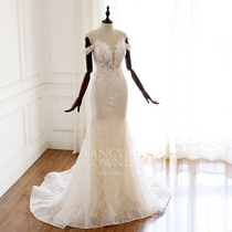 Phantom Yue - flower light three sheer invisible mesh vest word shoulder lace fishtail show thin slim slim beauty back light wedding dress