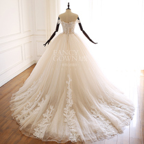 Phantom Delight - Lace Sen tie thin dream bride word shoulder cover arm tail princess puff dress wedding dress