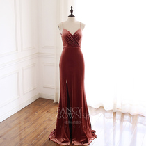 Magic Yue-European and American simple sling deep V split velvet slim fishtail long womens dress dinner