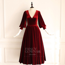 Phantom - Burgundy Red Lantern Long Sleeve v-Neck Vintage Mid-Length Nine-Point Velvet Womens Slim Dinner Toast Dress