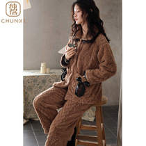 Coral velvet pajamas womens autumn and winter 2021 new home clothes flannel padded velvet warm two-piece set