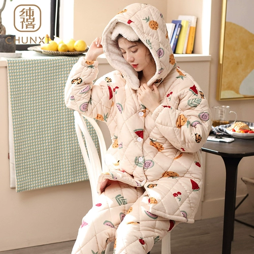 纯禧 Зимняя коралловая пижама, бархатная стеганая фланелевая куртка, удерживающий тепло осенний комплект, увеличенная толщина