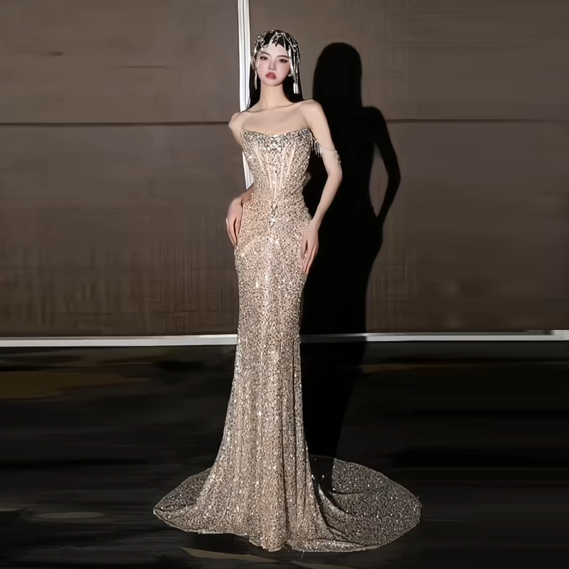 High-End Party Evening Dress 2026 New Model Stunning Heavy-Duty Bling Bling Fishtail Toast Dress for Bride