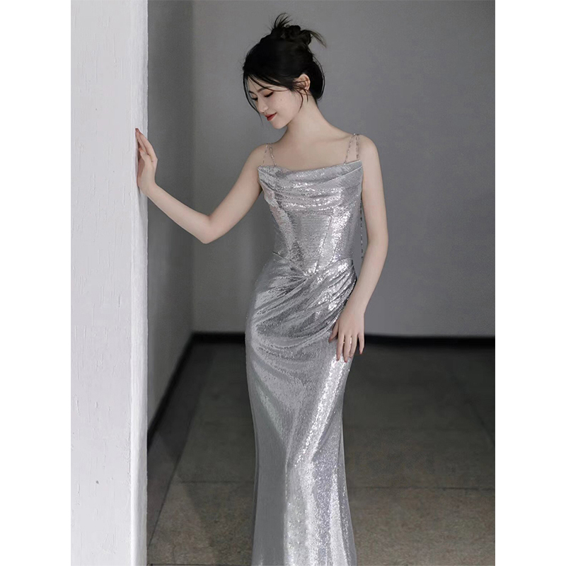 Silver High-End Evening Dress for Women 2026 New Style Elegant Hostess Sophisticated Banquet Strap Dress Toast Dress Bride Sequin Silver High-End Evening Dress for Women 2026 New Style Elegant Hostess Sophisticated Banquet Strap Dress Toast Dress Bride Sequin