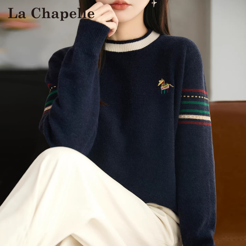 La Chapelle Round Neck Embroidered Pony Pattern Knit Base Shirt for Women, Spring and Autumn Plus Size Women's Top, Autumn and Winter Sweater