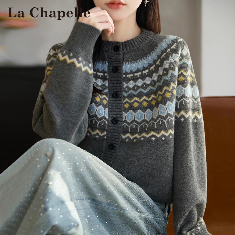 La Chapelle Fashionable Versatile Fair Isle Jacquard Knit Cardigan for Women, Spring and Autumn Plus Size Women's Top, Autumn and Winter Sweater