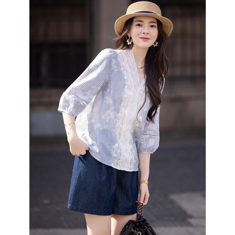 September Momo French-Style Blue Striped V-Neck Lace Embroidered Chiffon Shirt for Women 2026 Spring/Summer New Top