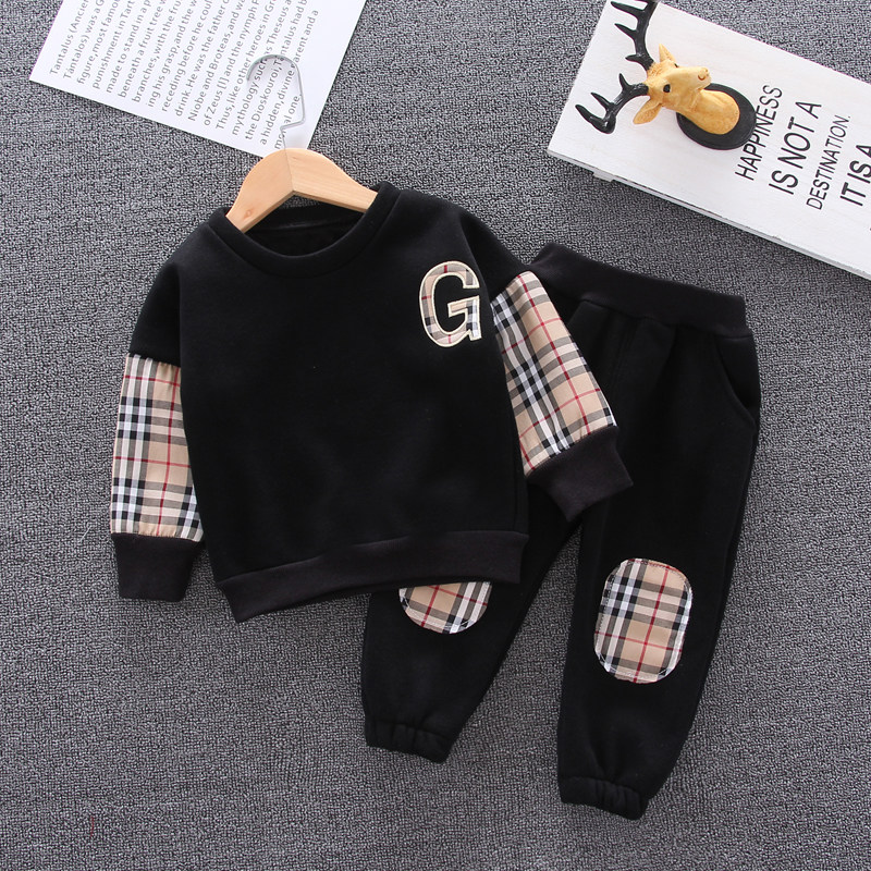 Baby winter clothes boys plus velvet twopiece suit 2020 new foreign