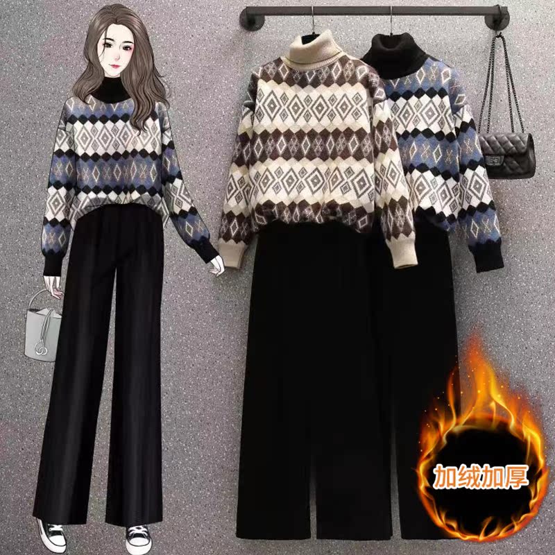 Middle Aged Women Dress Fat Moms Autumn-Winter Foreign Pie Wear Suits High Collar Sweater Gold Silk Suede Broadlegged Pants Noble Two Sets