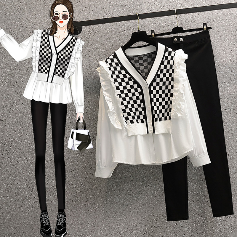 2021 Autumn Winter New Middle Ages Big Size Women Dress Fat Moms Fashion Suit Splicing Shirts 100 Hitch Pants Two Sets