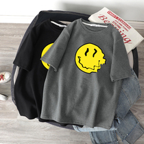 Strange smell top body style ins tide original niche smiley face brushed short-sleeved T-shirt womens early autumn 2021 new thickened T-shirt