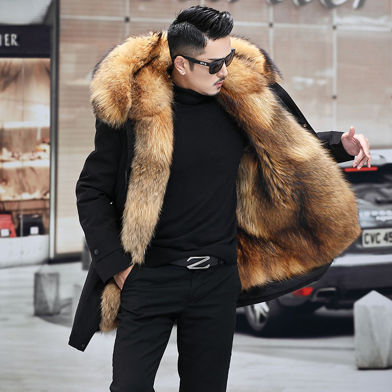 2022 Winter Plus Size Pie Overcome Men's Mid-length Liner Hairy Detachable Fur Jacket Hooded Casual Cotton Jacket
