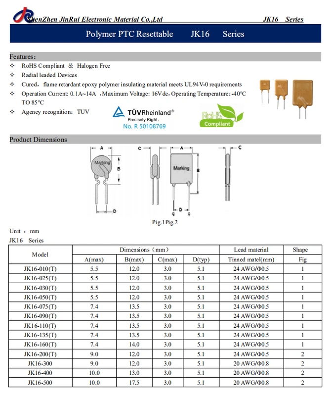 JK16V cắm trực tiếp Cầu chì có thể đặt lại PPTC 0,1A/0,2/0,3/0,4/0,5A/1234567A8A14A