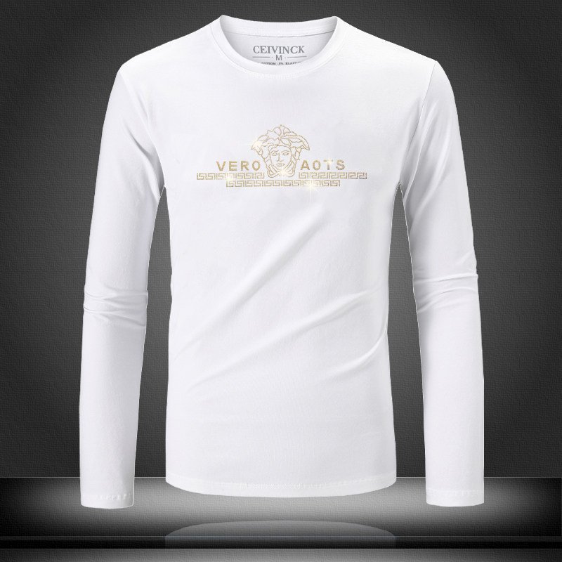 เสื้อยืดแขนยาวประดับพลอยเทียม แฟชั่นสำหรับผู้ชาย ทรงสลิมฟิต คอกลม เสื้อตัวในสำหรับผู้ชาย เสื้อยืดไซส์ใหญ่สไตล์ยุโรป