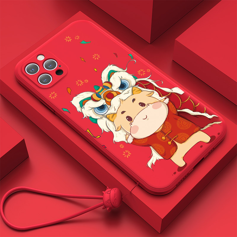 Apple 12 mobile phone protection shell cow year iphone12Pro Max new all-bag lens anti-fall liquid silicone gel soft shell 2021 New Year cartoon cute 12mini Jane