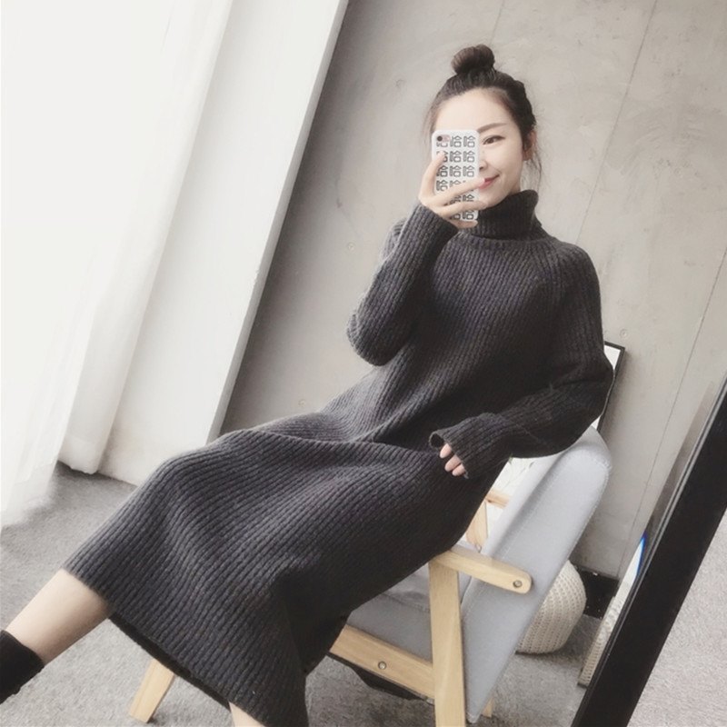 Net red thickened turtleneck sweater skirt femininity skirt Medium and long version of retro knitted dress Autumn and winter small black skirt tide