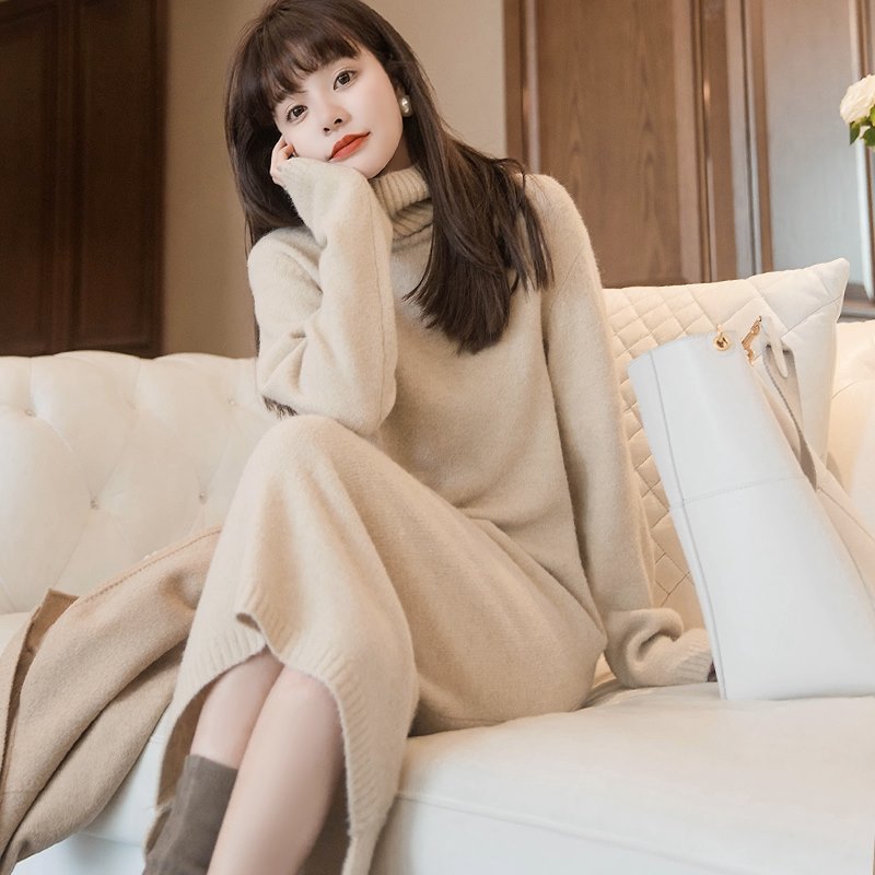 Net red winter base medium and long version sweater skirt Women wear knitted dresses with coats outside autumn and winter Long skirts over the knee thick
