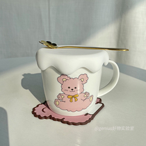Homemade original ins bear high value with lid spoon mug children cute student household ceramic girl