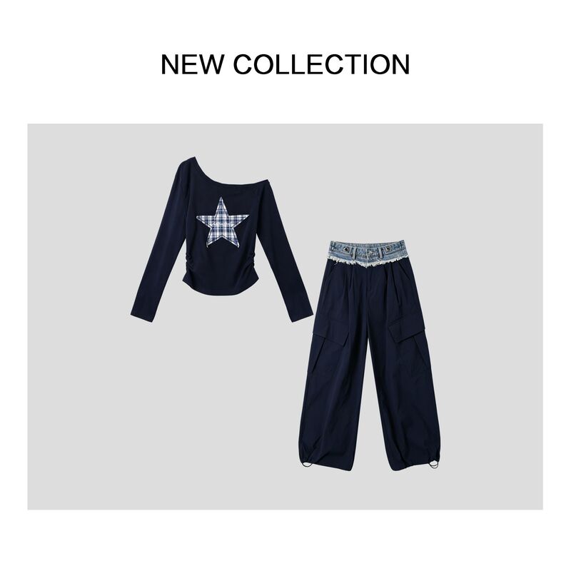 Designed Off-Shoulder Star Top and Workwear Wide-Leg Pants Women's Summer Two-Piece Set D1618101Bh Designed Off-Shoulder Star Top and Workwear Wide-Leg Pants Women's Summer Two-Piece Set D1618101Bh