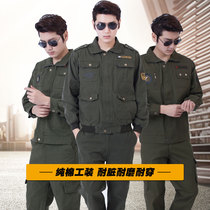 Spring and Autumn Electric Welding Work Clothes Set Mens Labor Insurance Pure Cotton Thickened Long Sleeve Military Green Toilwear Wear-resistant Dirt and Hot Army Green
